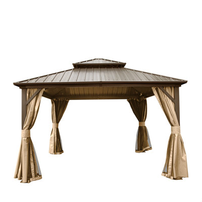 Hardtop Gazebo, Aluminum Metal Gazebo With Galvanized Steel Double Roof Canopy, Curtain And Netting, Permanent Gazebo Pavilion