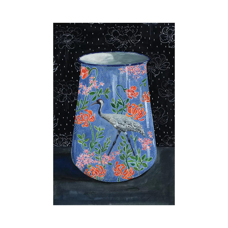 Blue Vase with Grey Crane 1 Piece Painting on Canvas, 30.48 cm H x 45.72 cm W, Wrapped Canvas