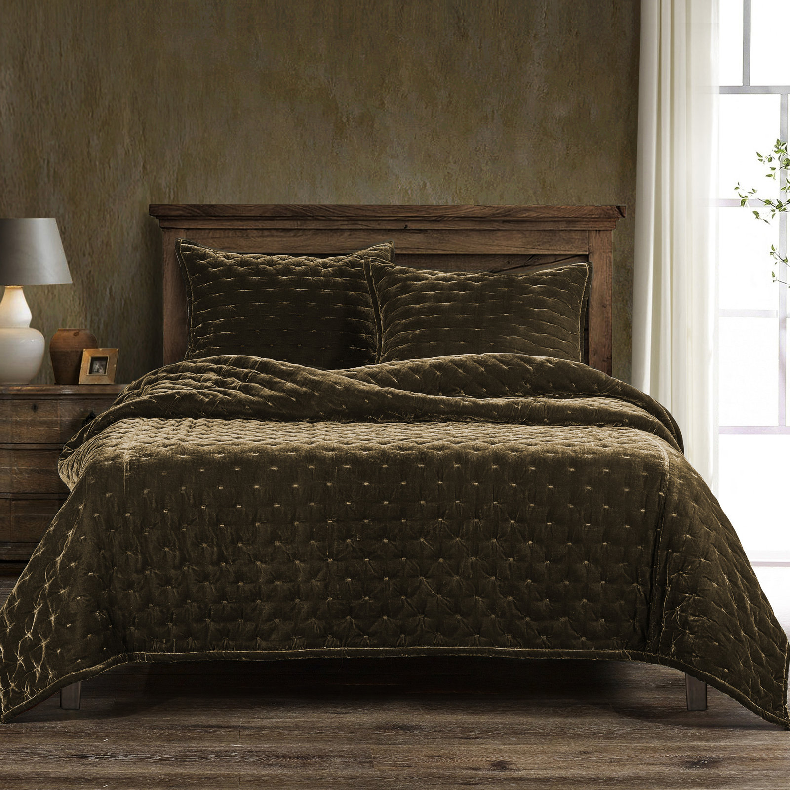 Stella Velvet Quilt Set, Green Ochre, King Quilt + 2 King Shams