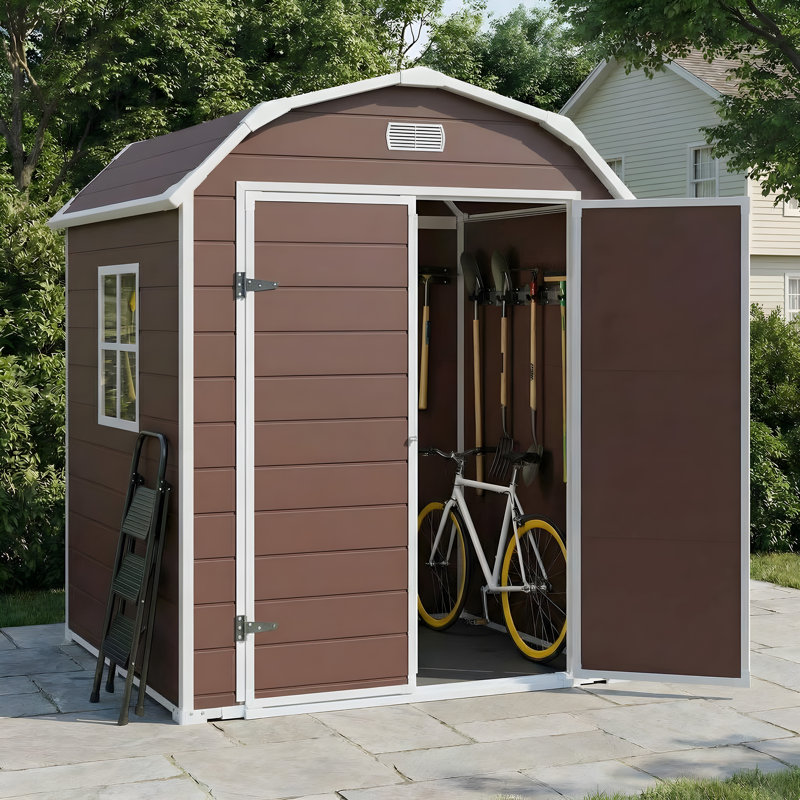 Remise de rangement extérieure en résine 6 pi x 4,5 pi avec plancher, rangement de jardin résistant aux intempéries pour la cour arrière, remise en plastique durable avec portes doubles pour outils et équipement
