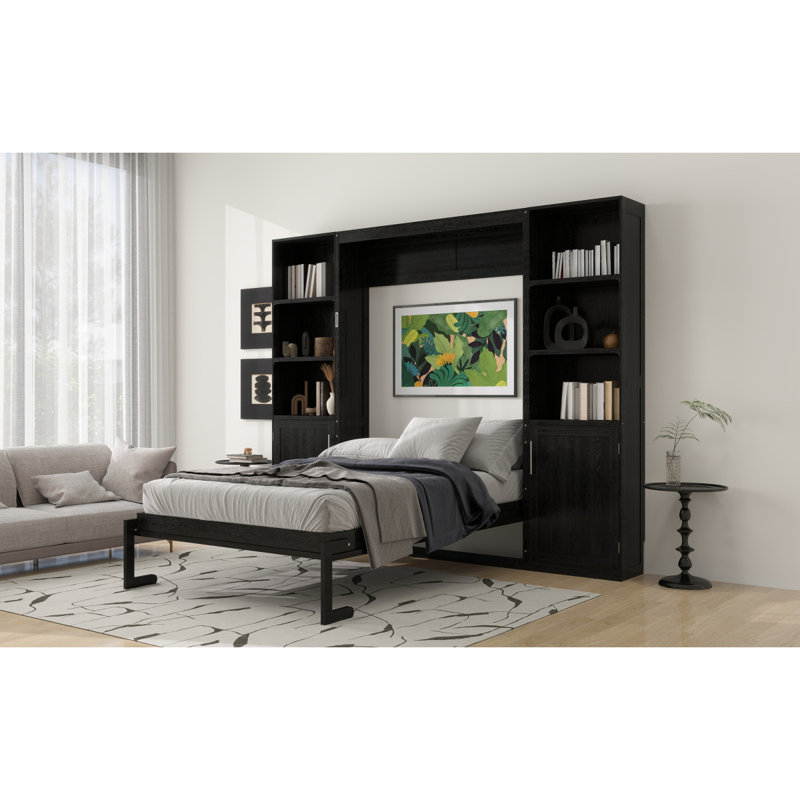Grand lit escamotable en bois avec tablettes et armoires de rangement, noir, Noir