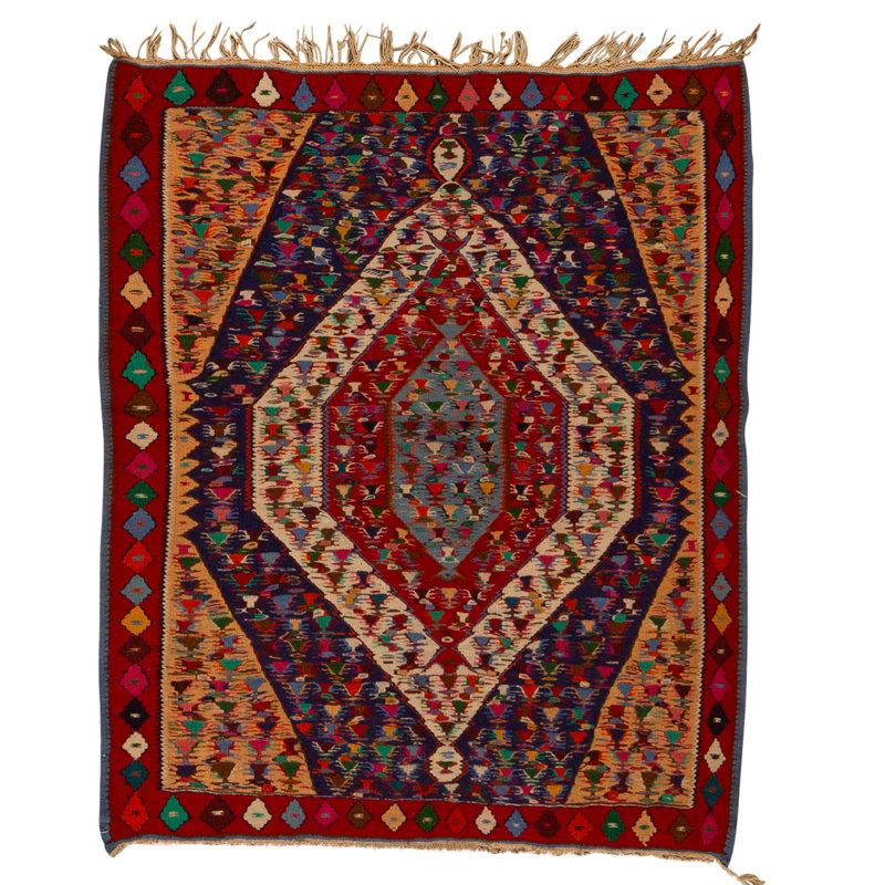 Tapis rouge et multicolore de haute qualité noué à la main