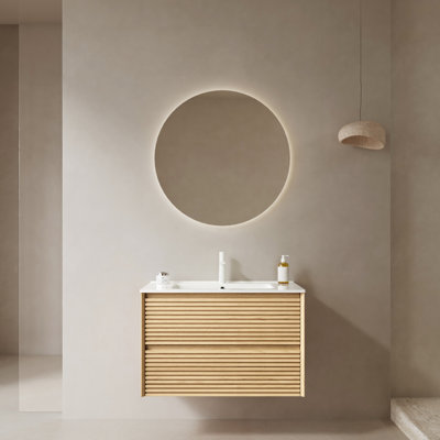 Meuble-lavabo de salle de bain avec lavabo, fabrication en contreplaqué de 30 po, lavabo en céramique blanche, grain de chêne, rangement de tiroir, article mural préassemblé, contrat
