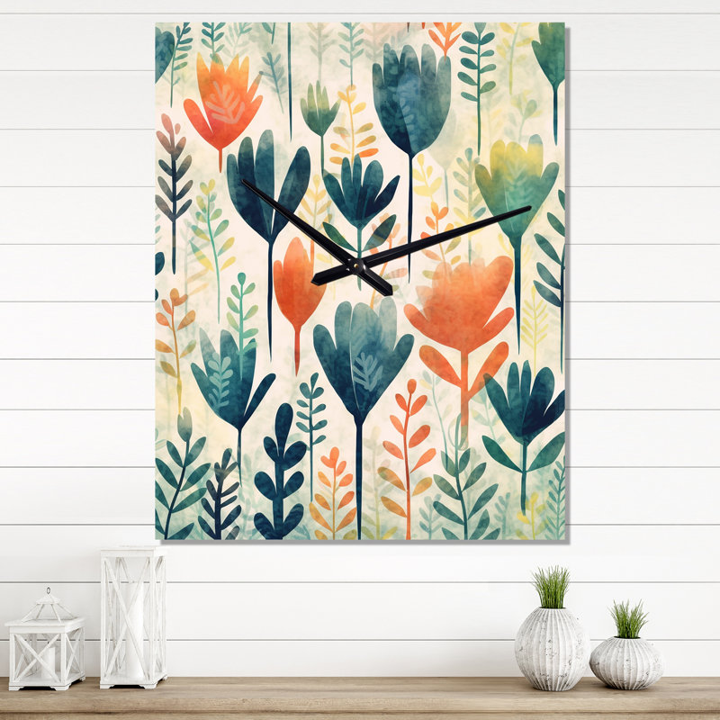 Horloge murale abstraite sarcelle corail à motif floral scandinave, Grand