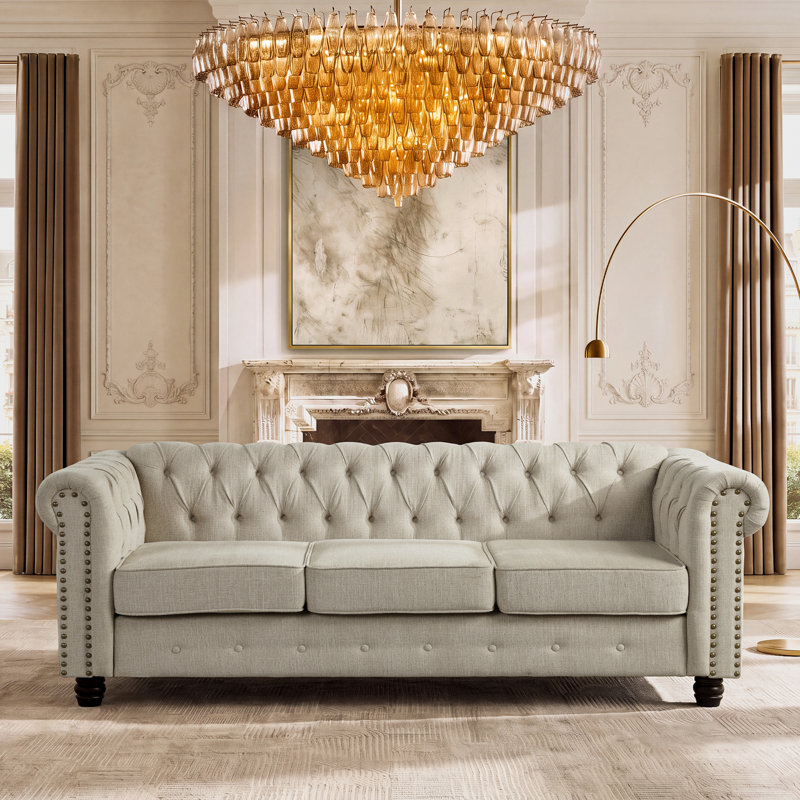 Canapé Chesterfield à accoudoirs roulés 80 po Perry, Mélange de lin beige