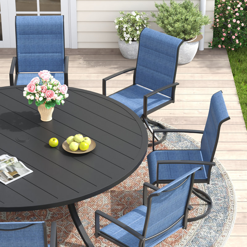 63" Patio Dining Set With Foam-Padded Swivel Chairs, Black/Black/Blue
