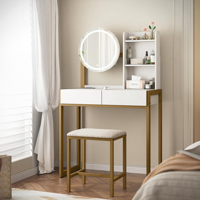 Petit bureau de coiffeuse avec miroir, lumières, prise de courant et tabouret, Blanc / Doré