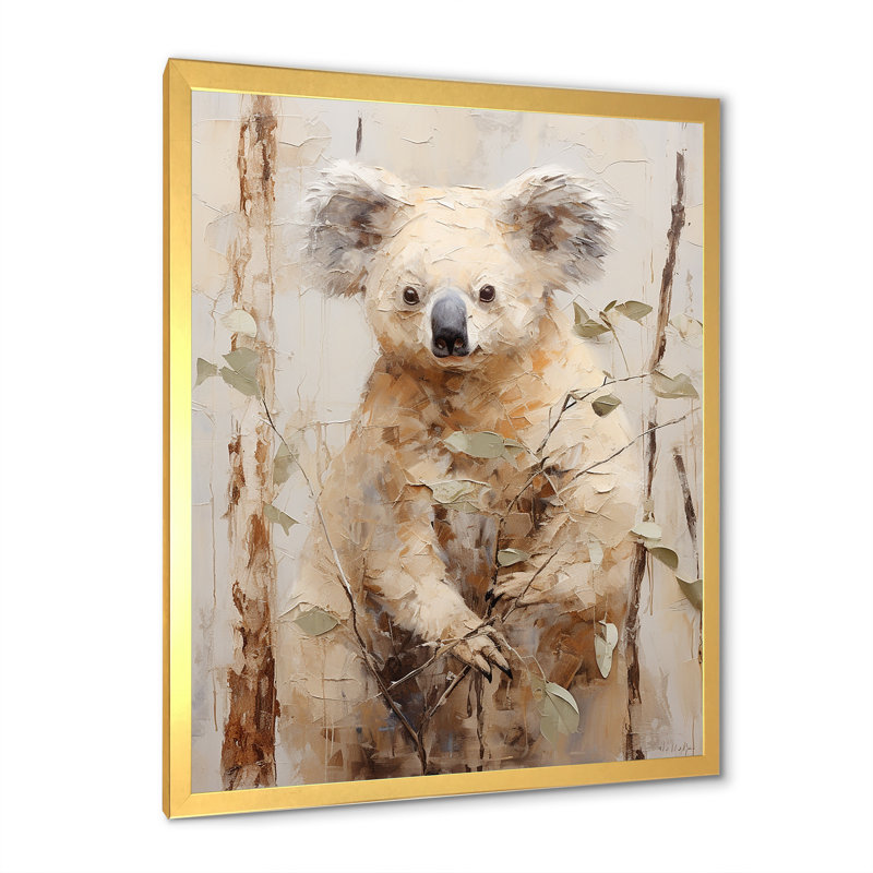 Koala douillet qui grimpe sur toile, Encadrement doré, H 40 po x l 30 po x P 1,5 po