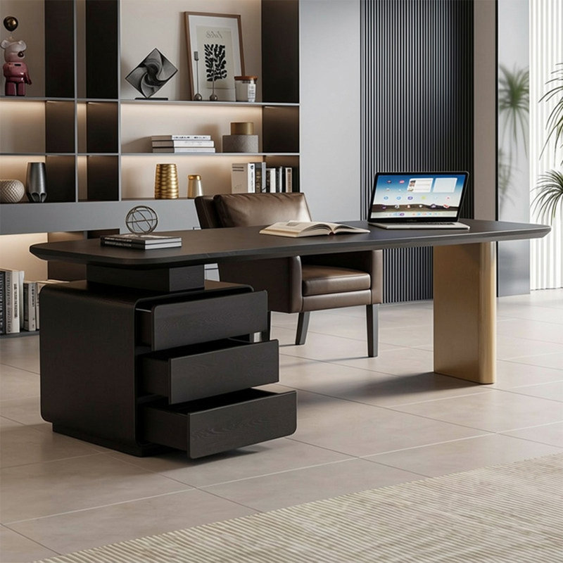 Bureau en bois manufacturé courbé noir et bronze avec 3 tiroirs, 29.53" H x 78.74" W x 27.56" D
