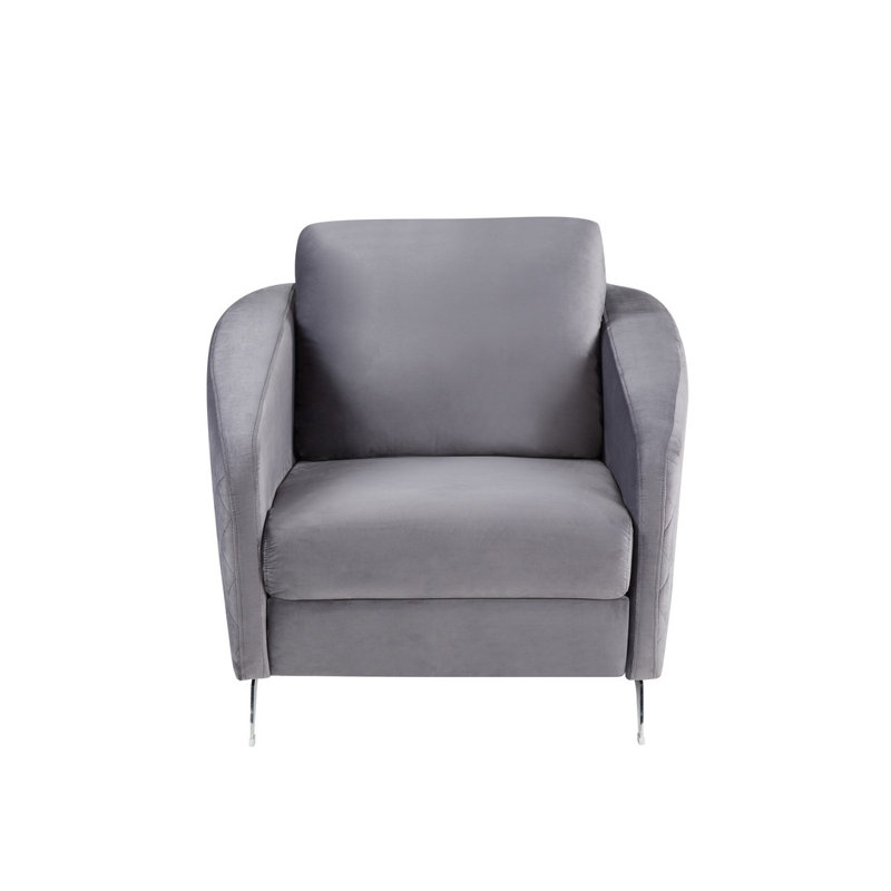 Fauteuil d'appoint moderne Sofia 36 po en velours gris avec pieds chromés et surpiqûres en losange, Grey Velvet