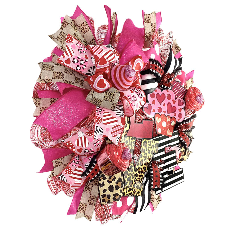 Couronne de maille décorative 18 po Love Valentines Day avec imprimé guépard et petit gâteau