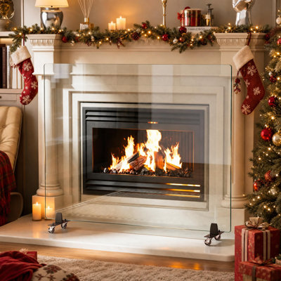 Premium Tempered Glass Fireplace Screen with Exclusive Beveled Edge, Clear Glass, With Movable Rolling Wheels