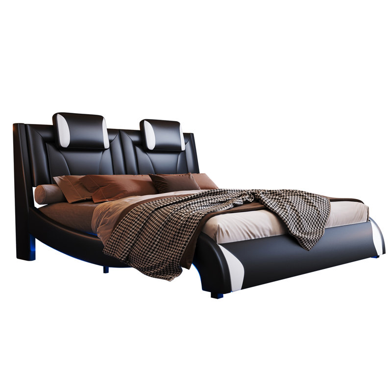 Floating Bed Frame with LED Lights, Modern Faux Leather Upholstered Platform Bed, Queen, Black
