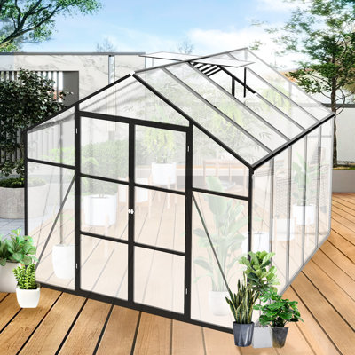 Serre extérieure toutes saisons 8 pi x 10 pi - construction en aluminium robuste, couvercle en polycarbonate, espace de rangement, jardinage spacieux, assemblage simple, bon système de drainage pour les jardins et les cours arrière robustes