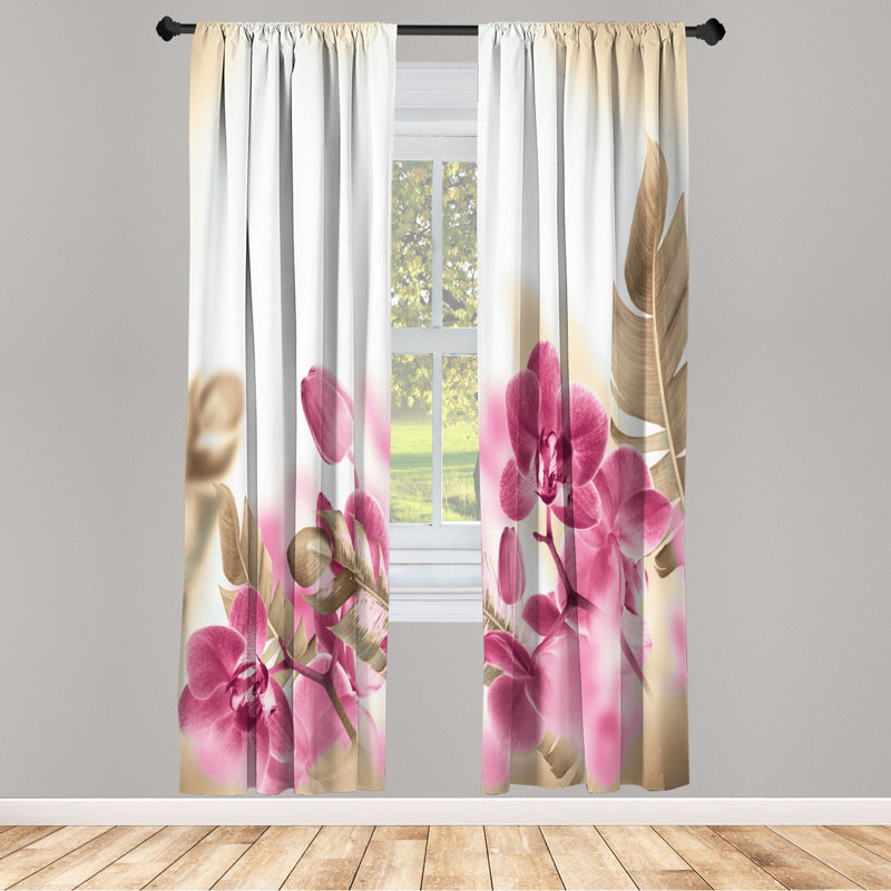 Microfiber Floral Semi-Sheer Rod Pocket Curtain Panels, 28" W x 63" L, Cerise Pink/Brown/White