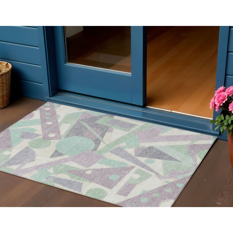3' X 5' Lavender Mint Green And Ivory Geometric Washable Indoor Outdoor Area Rug