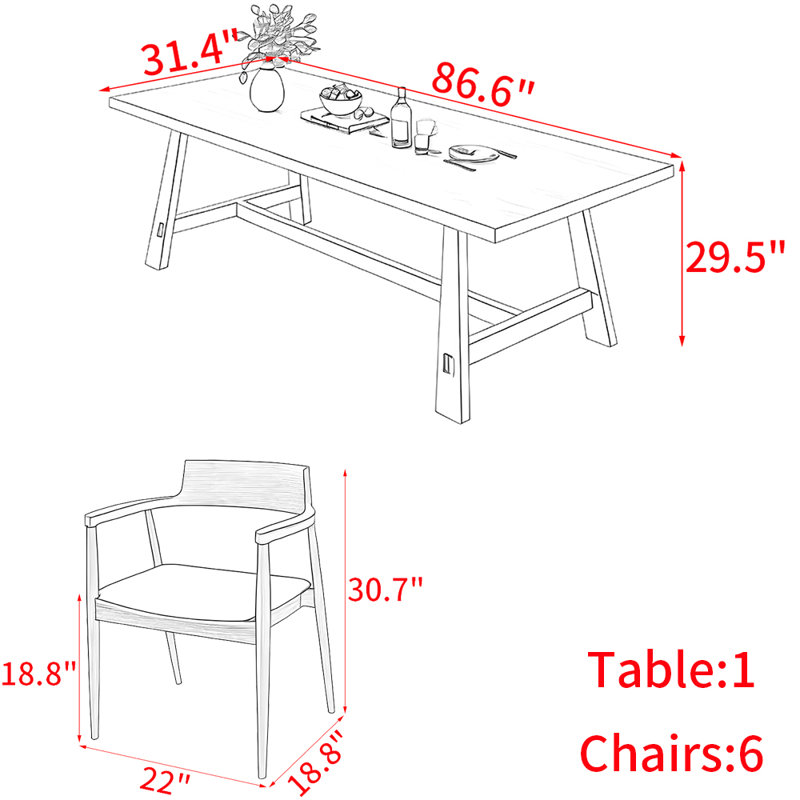 Ensemble de table de salle à manger en bois massif de style nordique, H 29,5 po x L 86,6 po x l 31,4 po