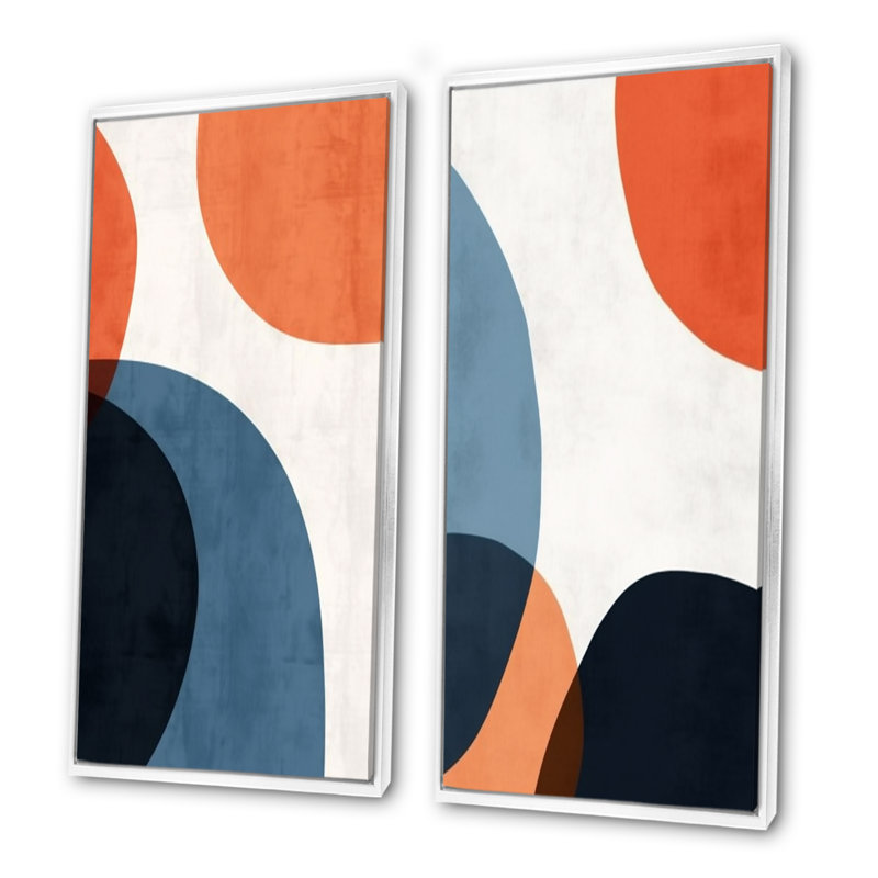 Bleu et orange, motif boho minimaliste I - ensemble de salon mural abstrait minimalisme minimalisme, Cadre flottant blanc