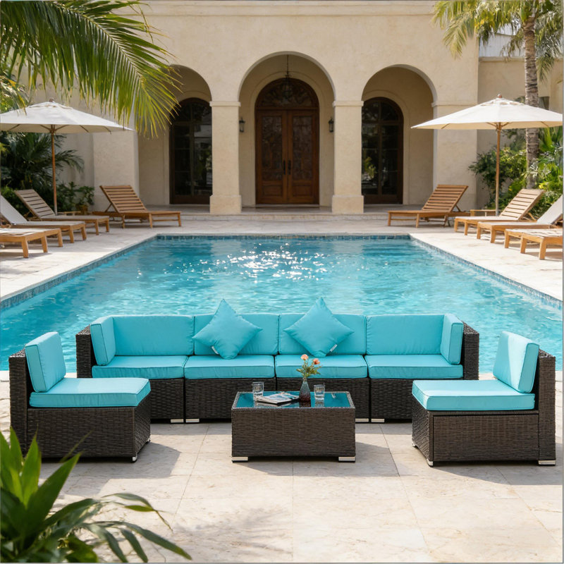 Rattan Outdoor Furniture Conversation Sets,7 Piece Patio Furniture Set,Outdoor Sectional Sofa Set, Turquoise, Dark Brown