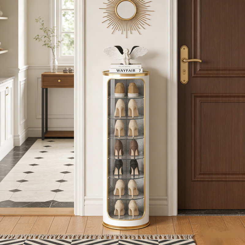7-Tier 360° Rotating Shoe Cabinet – Slim White & Gold Storage Rack with Adjustable Shelves for Entryway, Small Spaces