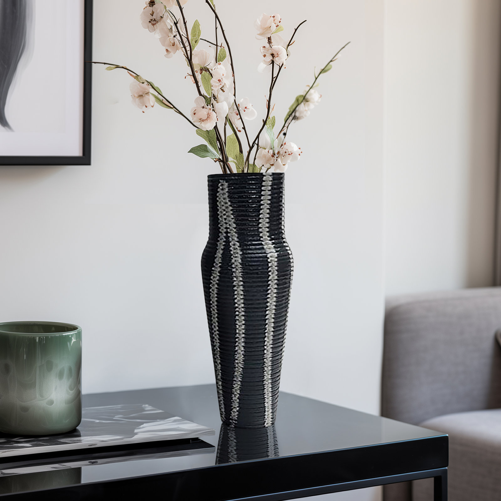 Rosey Patterned Grey Metal Vase, 12" H x 5" W x 5" D