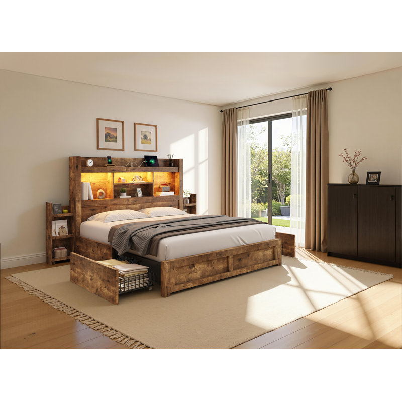 Structure de lit double Sherell avec 4 tiroirs de rangement, brun, Double, Brun