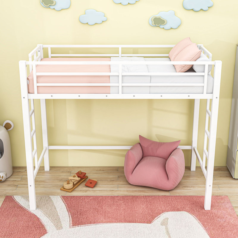 Metal Loft Bed with Ladder and Guardrails, Twin