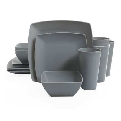 Gibson Home 16 Piece Square Dinnerware Set Plates, Bowls, & Cups, Grey