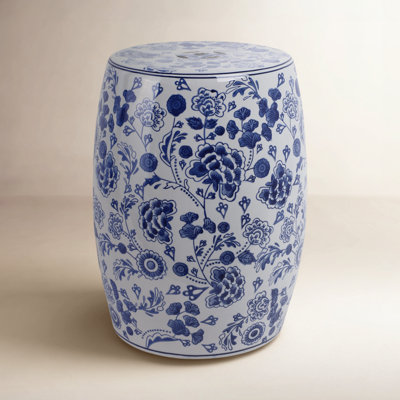 LeeRoy Ceramic Hydrangea Chinoiserie Stool - Elegant Blue and White 18-inch Garden Accent Piece