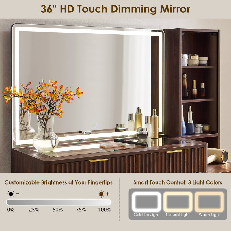Carsin 48" W Engineered Wood Makeup Vanity with Lighted Mirror, Dark Walnut