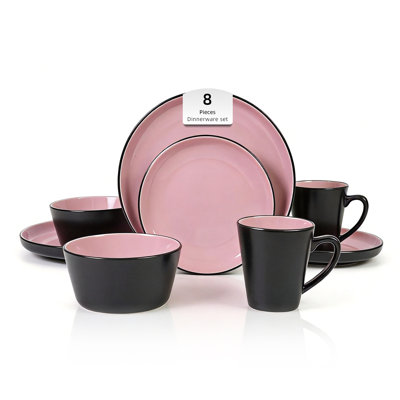 HomeVSS 8-Piece Stoneware ColorCore Dinnerware Set, Shiny Pink Inside & Matte Black Outside, Service for 2