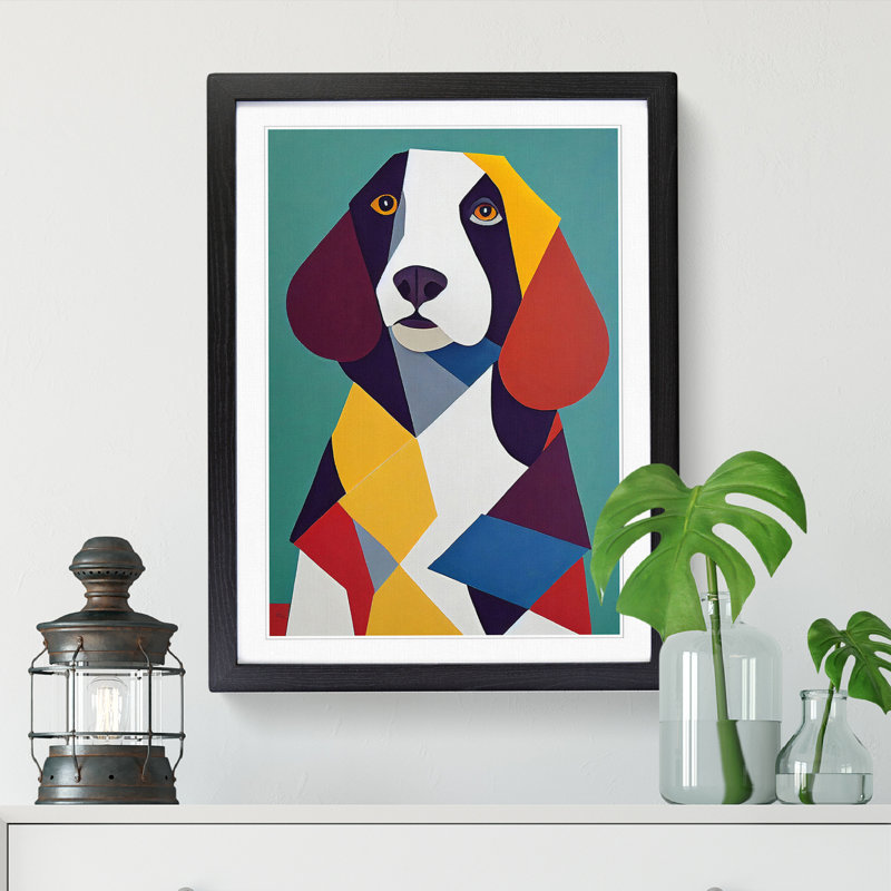 Springer Spaniel Cubism - Single Picture Frame Print, 64cm H x 46cm W x 2cm D, Oak