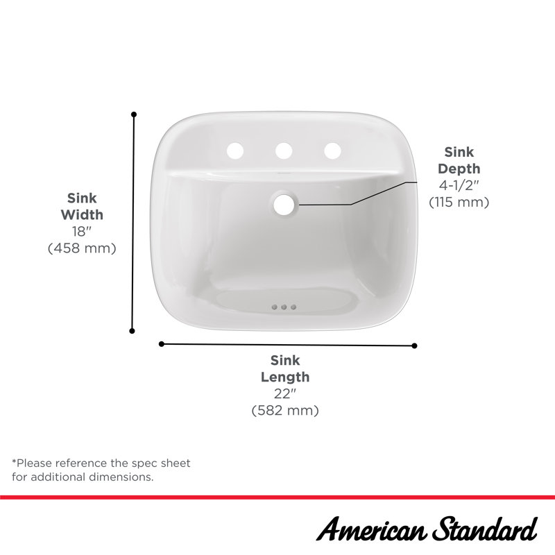 White Ceramic 22" Rectangular Bathroom Sink with Faucet Holes