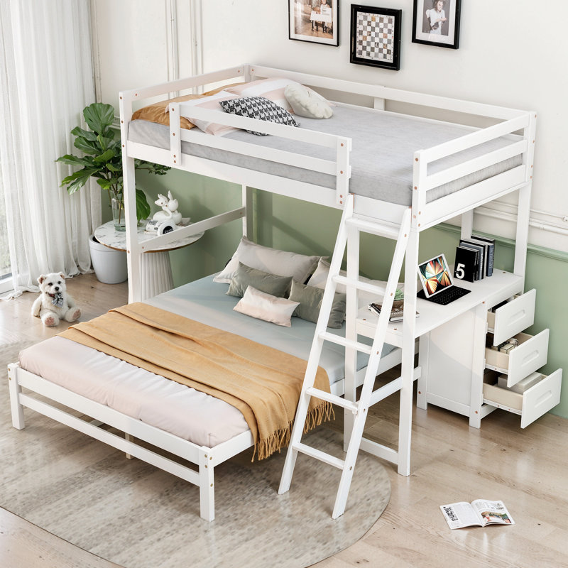 Lit superposé simple au dessus d'un lit double avec bureau intégré et trois tiroirs, Blanc