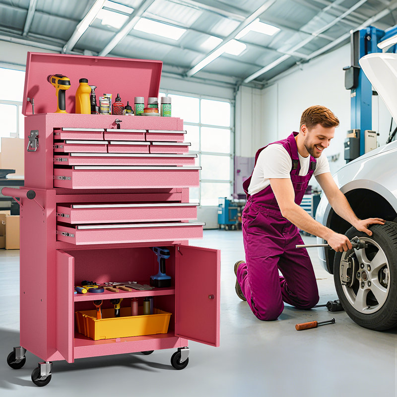 10-Drawers Rolling Tool Chest, 2 in 1 Lockable Tool Box with Drawers, High-Capacity Mechanic Tool Organizer, Adjustable Shelf & Detachable Top Cabinet for Workshop Garage