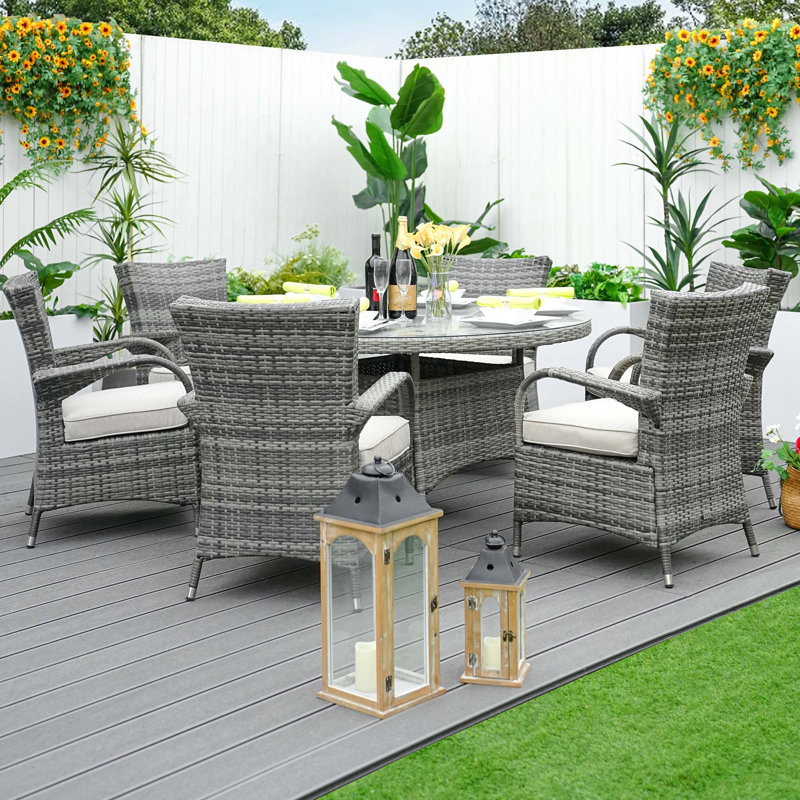 Round 6 - Person 53.14'' Long Dining Set With Cushions, Gray, Gray
