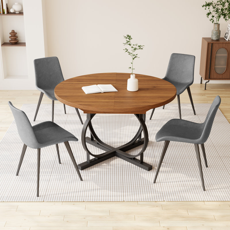 Ensemble de table de salle à manger ronde de 59 po Clanton, 5 pièces: table, 4 chaises, Brun, Gris