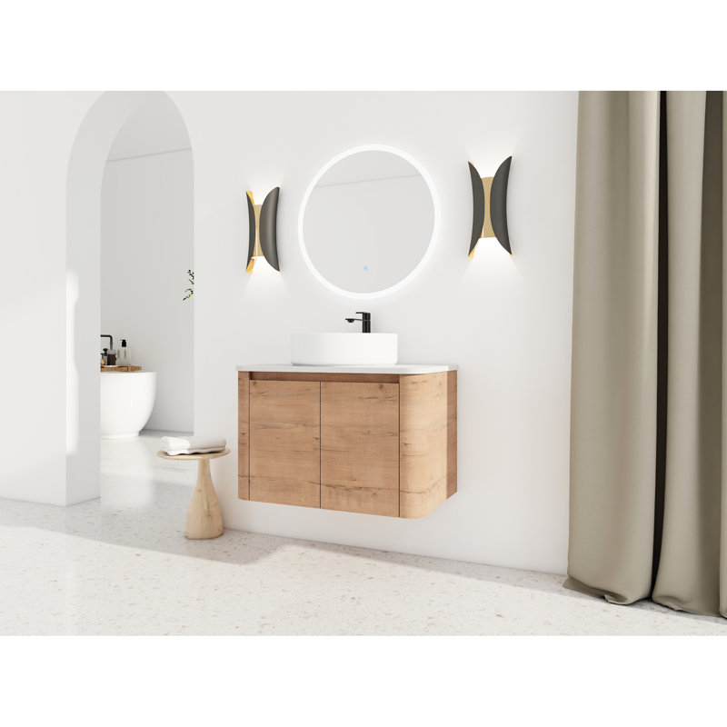 Meuble-lavabo mural de 30 po avec lavabo d'art en céramique, charnières à fermeture douce et fabrication en contreplaqué, idéal pour les salles de bain contemporaines.
