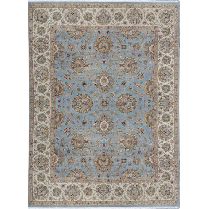 Tapis bleu clair et ivoire noué à la main de haute qualité