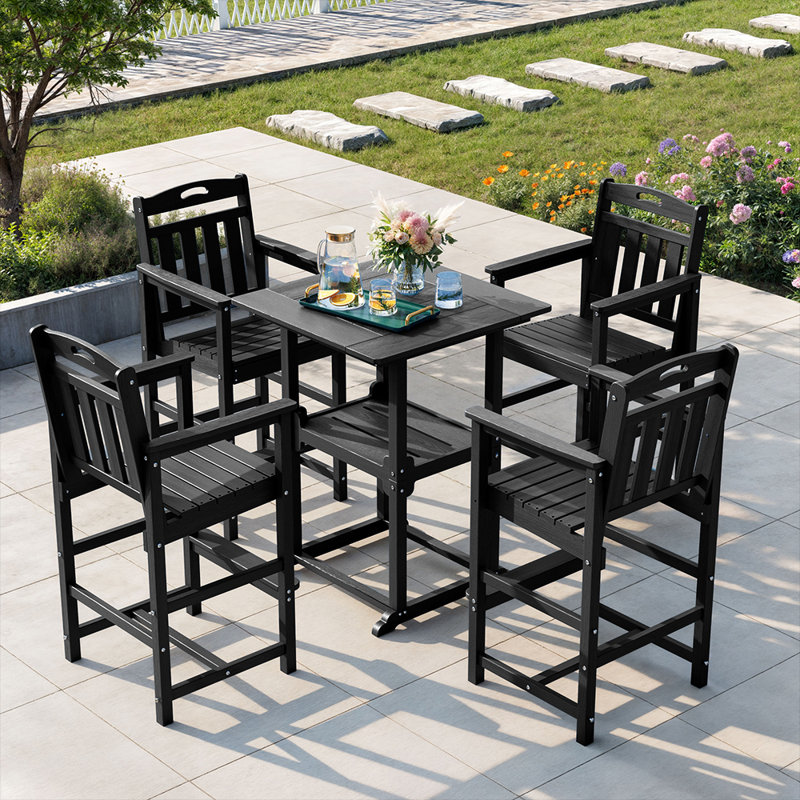 Pennington 5 Pieces Outdoor Patio Bars Set With Square Table And HDPE Chairs, Black