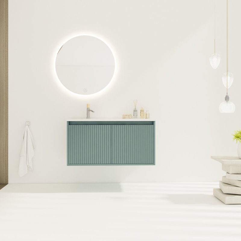 Meuble-lavabo mural 36 po avec lavabo en résine à 2 portes pour rangement spacieux moderne, Vert