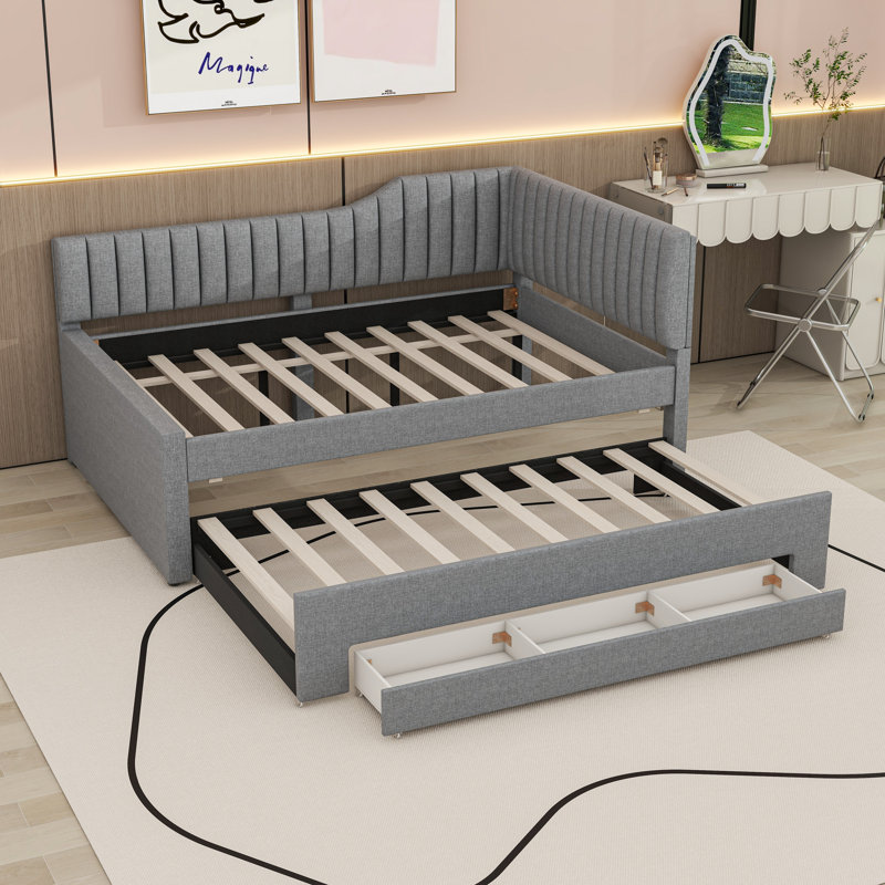 Three Drawers Upholstered Daybed with Trundle, Gray, Full/Double