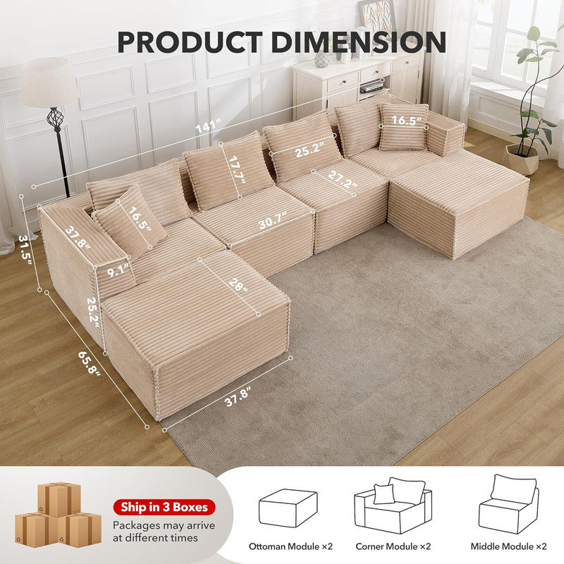 Canapé modulaire Boneless, H 31,5 po x l 141 po x P 65,8 po, 4, Beige
