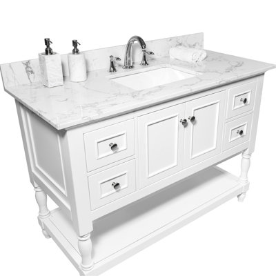 Dessus de meuble-lavabo en pierre 43 x 22 avec régalité en marbre blanc - assemblage de pierre d'ingénierie, évier en céramique et dosseret enchanteur