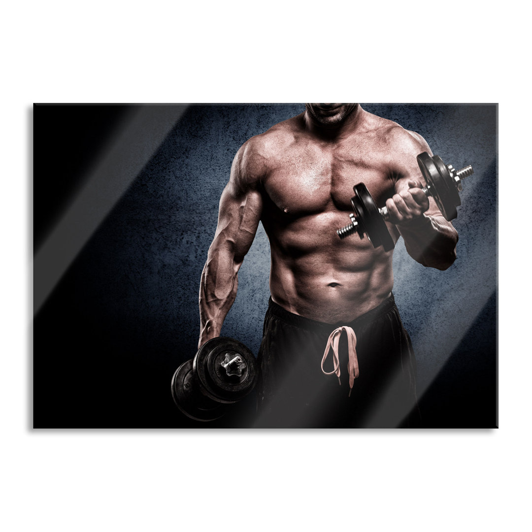 Ungerahmtes Gemälde auf Glas "Strong Bodybuilder with a Dumbbell"