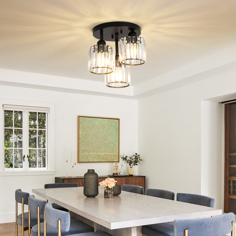 3-Light Semi Flush Mount Ceiling Light, Modern Matte Black Crystal Fixture For Kitchen, Entryway & Bedroom, Matte Black