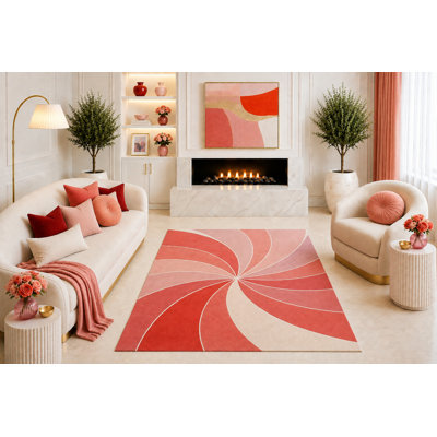 Tapis tourbillon à motif abstrait tourbillon rose 5 pi x 7 pi «Ultra Léger», motif Mid-Century en spirale moderne pour le salon, la salle à manger et la chambre à coucher, envers en silicone antidérapant