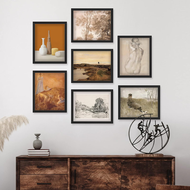 " Vintage Classic Retro Fine Art Landscape Abstract Geometric " 7 - Pieces, Black Framed, 11" W x 14" H