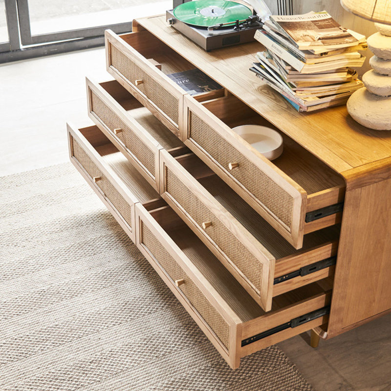 Commode 6 tiroirs en bois massif avec rangement en rotin