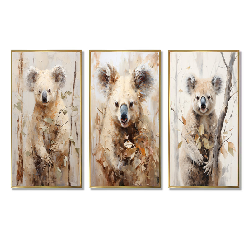 Ensemble de 4 reproductions d'art sur toile Koala, Cadre flottant doré, H 40 po x l 60 po